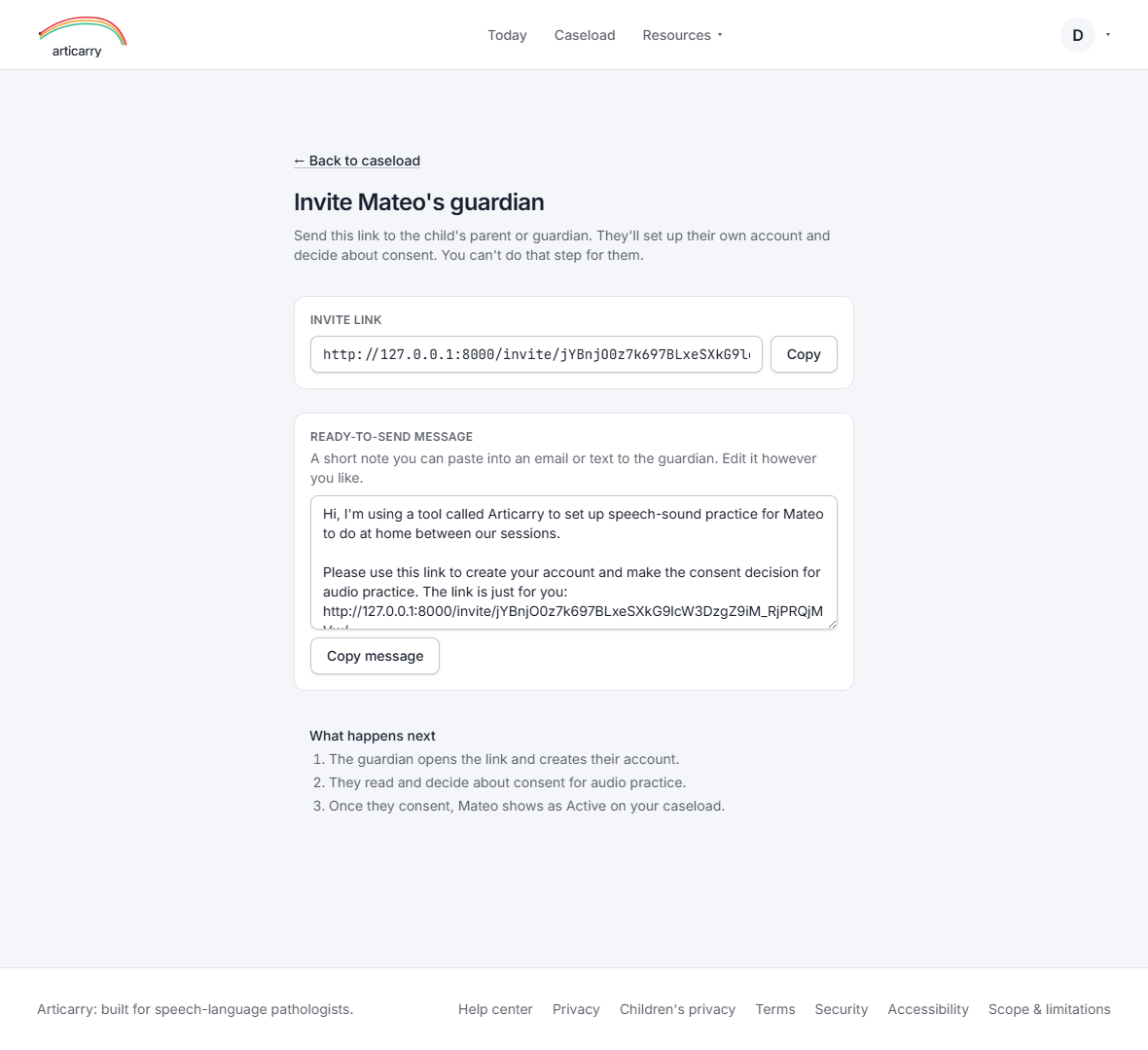 Step 4: On the last step, Articarry gives you an invite link. Send it to the family.