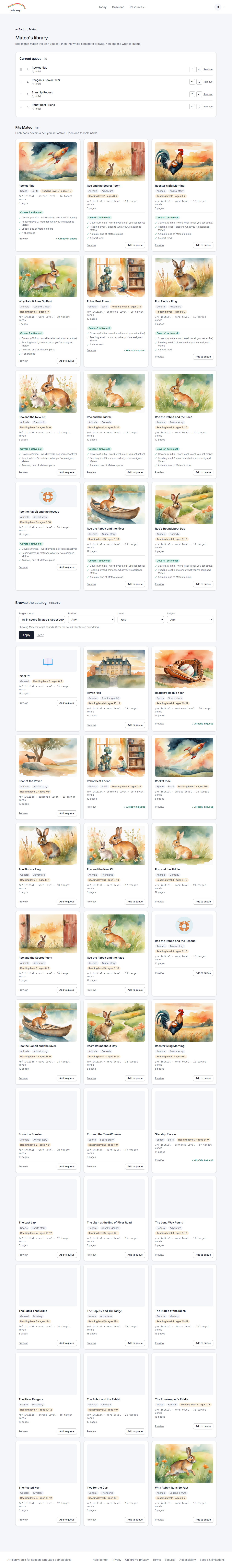 Step 1: Open the catalog for a child. The “Fits” shelf leads, and each card explains why the book matches the plan you set. Add a book to queue it for the child's practice.