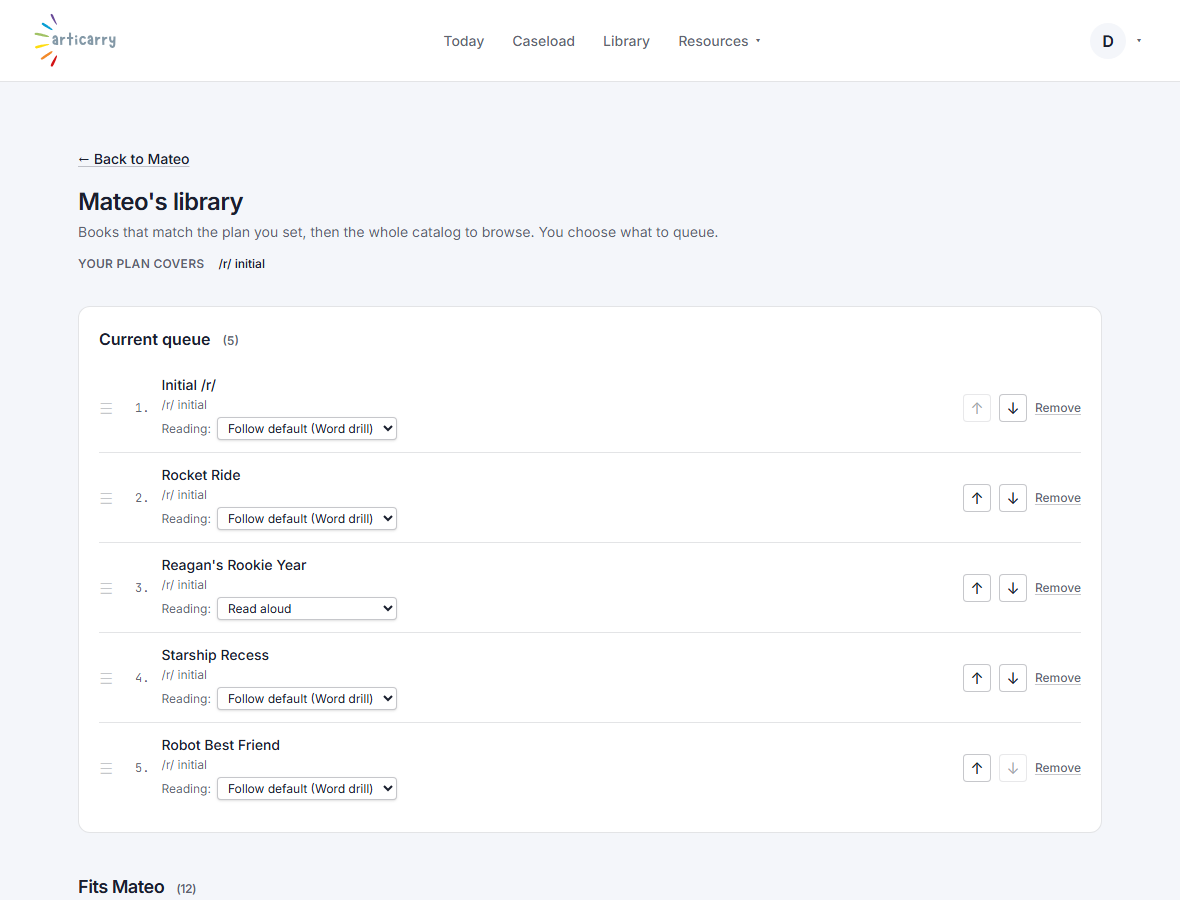 The fit-shelf library: a 'Fits Mateo' shelf of book cards, each listing the active cells it covers ('Covers /r/ initial, word level, a cell you set active'), the reading level, and an interest match ('Space, one of Mateo's picks').