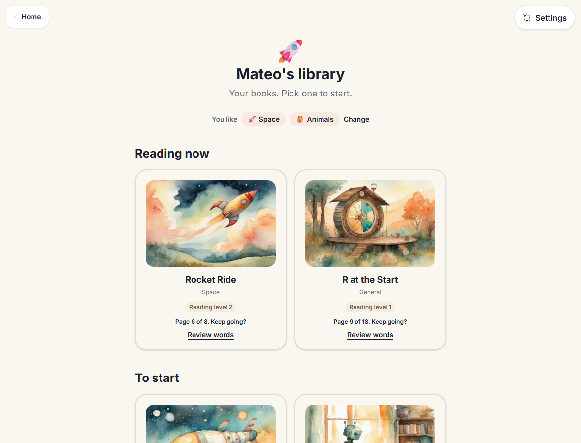 The child's library: 'Mateo's library: your books, pick one to start', a 'You like Space, Animals' row, and book cards under 'Reading now' and 'To start', each with its own cover picture.