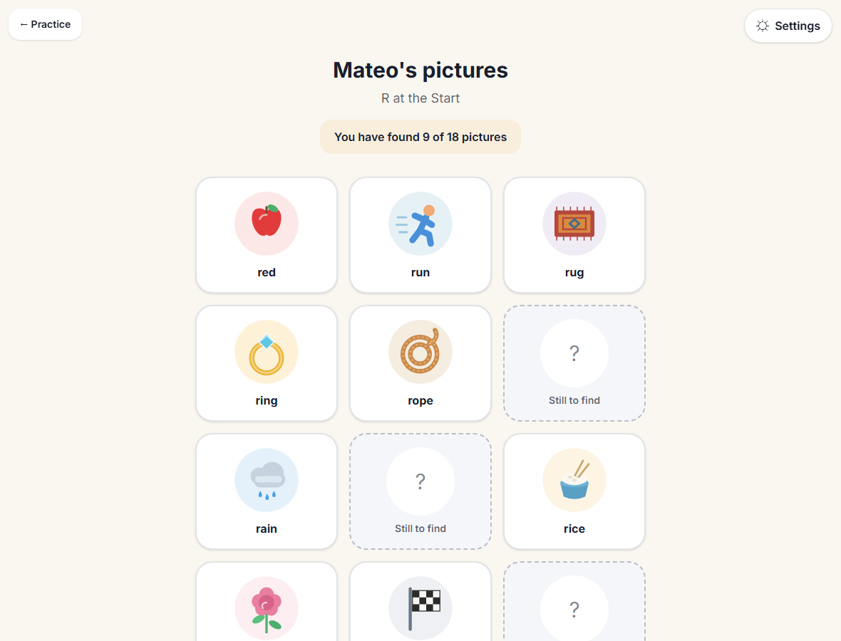 A child's picture collection: 'Mateo's pictures', 'You have found 9 of 16 pictures', a grid of colorful drawn pictures the child has collected, and faded 'Still to find' placeholders.