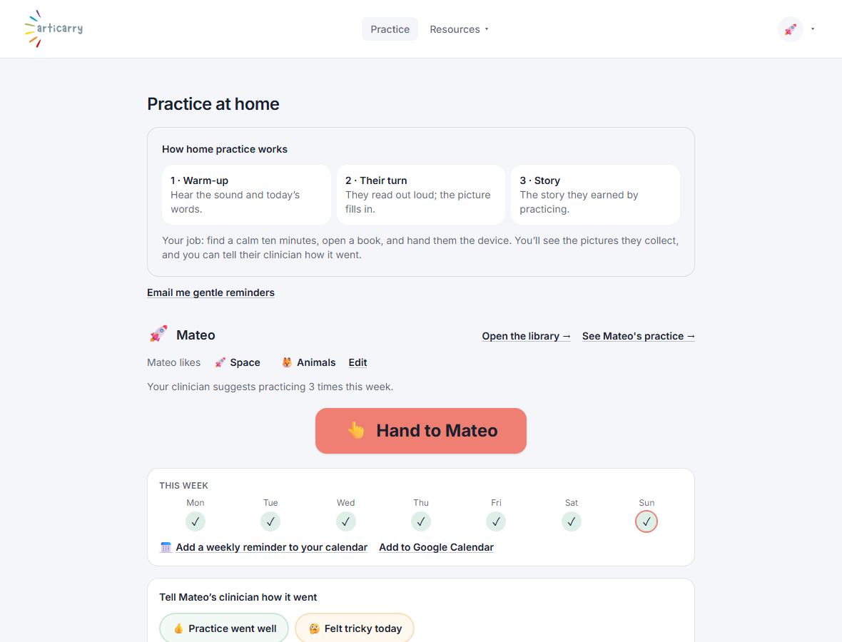 The parent's home view: 'Practice at home' with a short 'how home practice works' guide, the child's interests, a big 'Hand to Mateo' button to start, a strip of the days practiced this week, a quick note to send the clinician, and the child's library of assigned books.