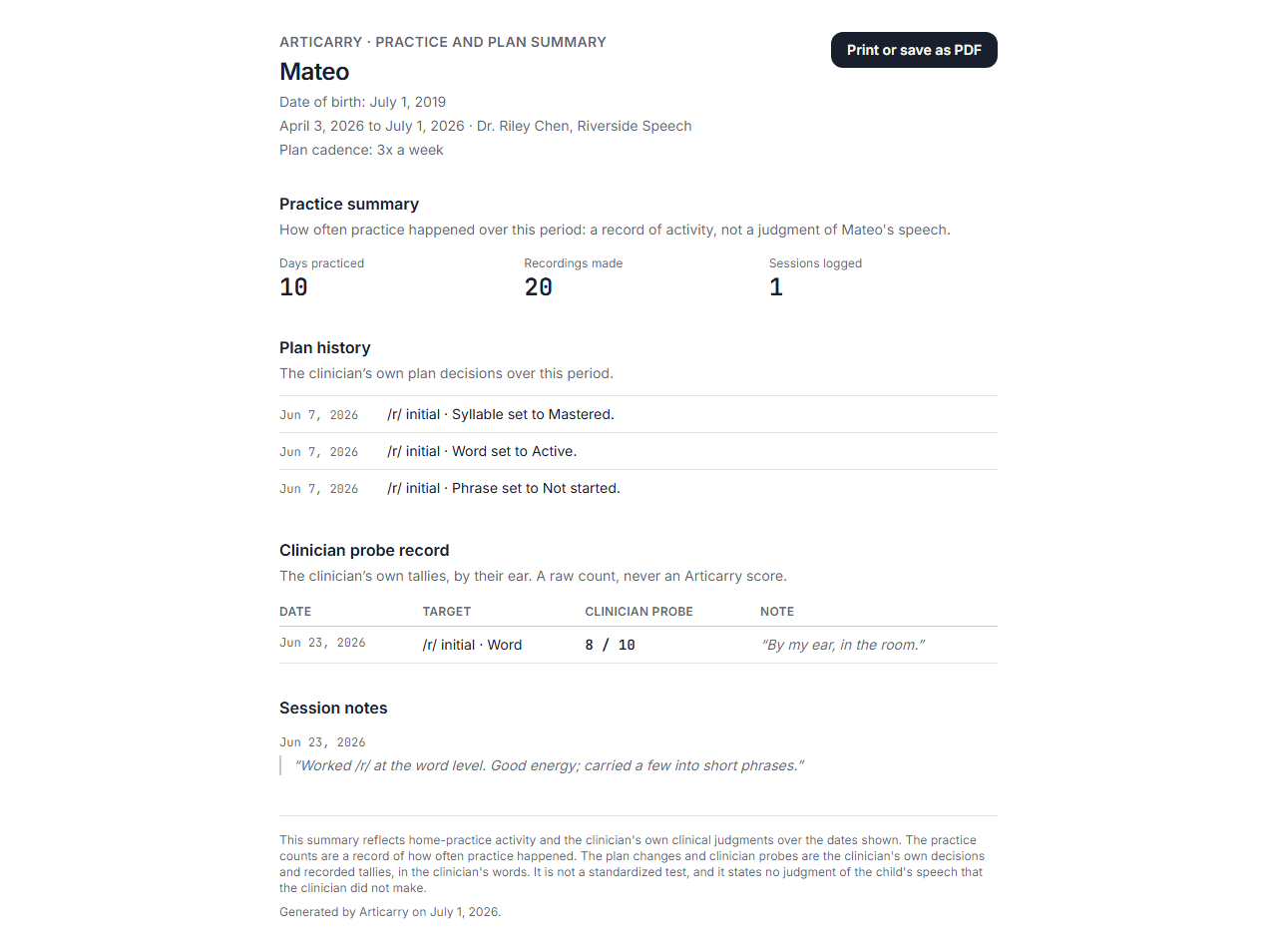 Step 1: Open a child's progress view and choose the progress letter, then print it or save it as a PDF. It carries the practice counts and your own decisions and tallies, nothing the scoring engine produced.