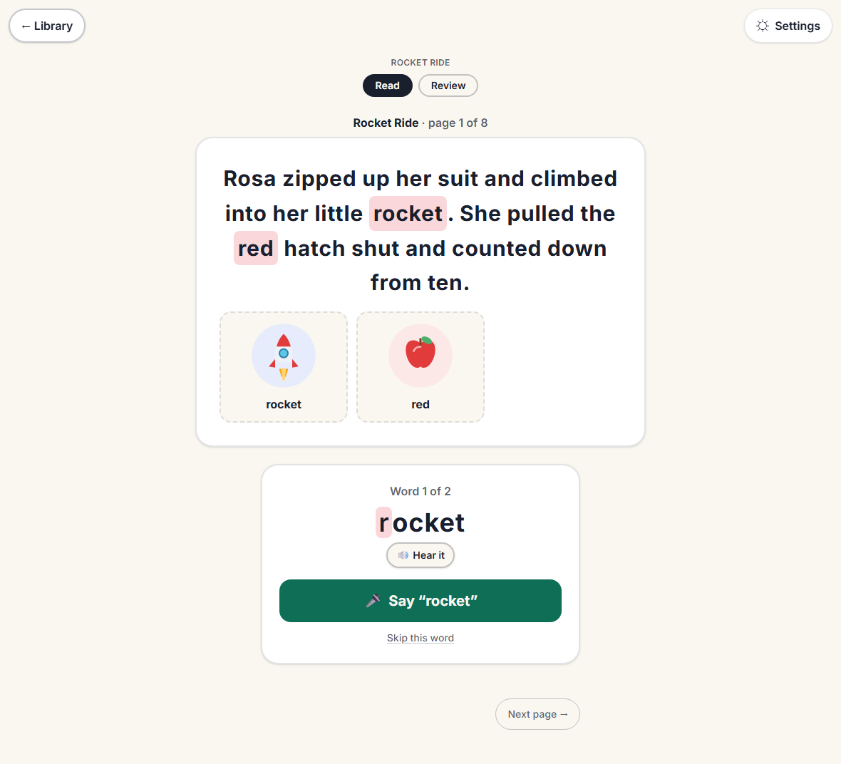 Step 1: Assign a book, then the guardian hands the child the device. The child reads a story page and practices its target words.